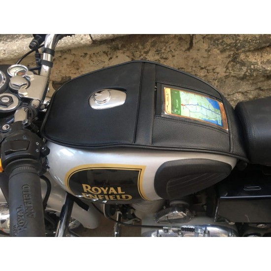 Royal Enfield Classic 350/500/Electra/Standard/Bullet /350/500 Waterproof Single Zip Mobile Tank Cover with Transparent Pocket for Mobile Black